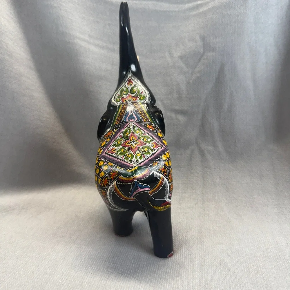 Hand Painted Elephant Figurine Black Multi Color Trunk Up Good Luck Folk Art